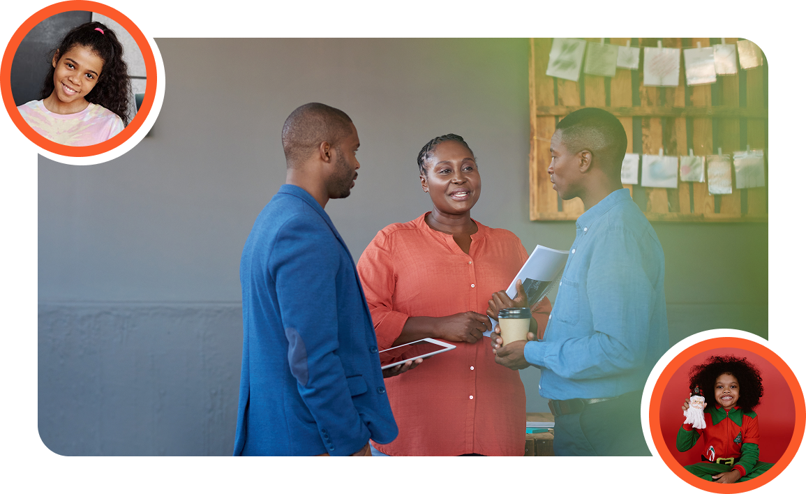Three adults in discussion with documents and coffee, surrounded by images of smiling children — symbolizing 2Inspire Publications’ welcoming and empowering community.