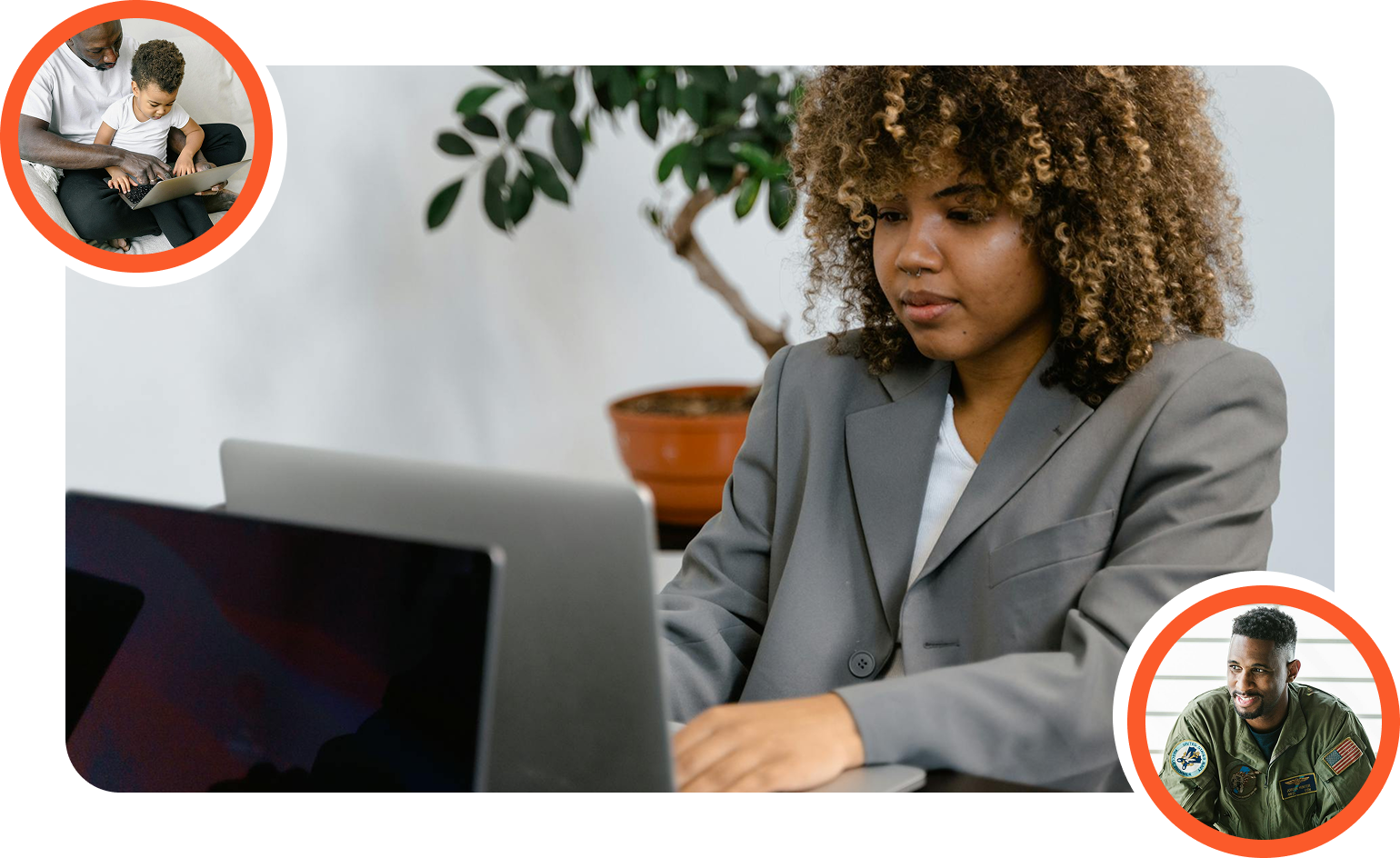 Focused young woman in a blazer working on a laptop, surrounded by images of family and professionals—symbolizing career growth and learning.