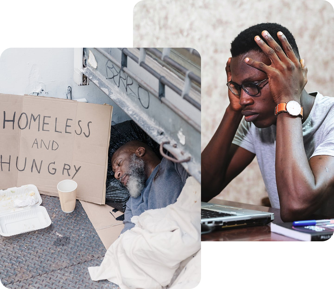 A homeless man sleeping beside a sign reading "Homeless and Hungry" next to a young man stressed at a laptop, highlighting hardship and struggle.