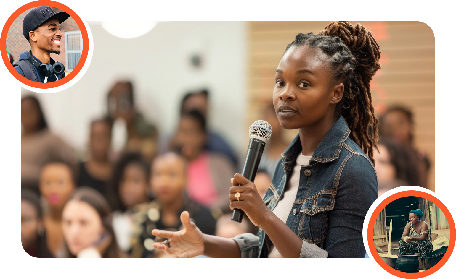 A young woman speaking confidently to a crowd, flanked by images of youth and community life — symbolizing 2Inspire Publications’ mission and story.