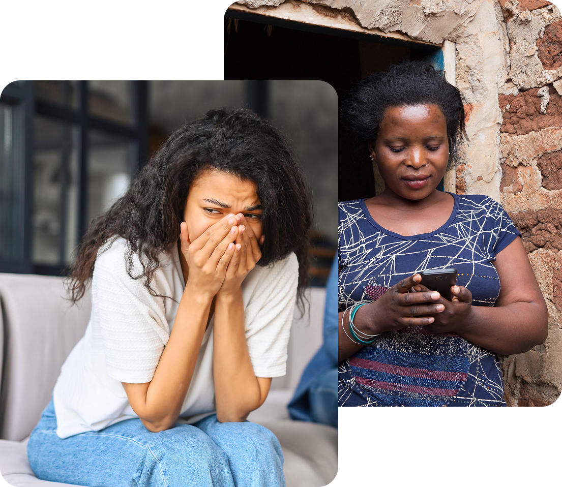 A distressed young woman sits on a couch, while another woman in a rural setting checks her phone, symbolizing emotional struggle and digital outreach.