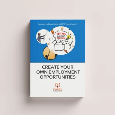 Book cover of Create Your Own Employment Opportunities with a “Think Outside the Box” illustration and hands collaborating around ideas.