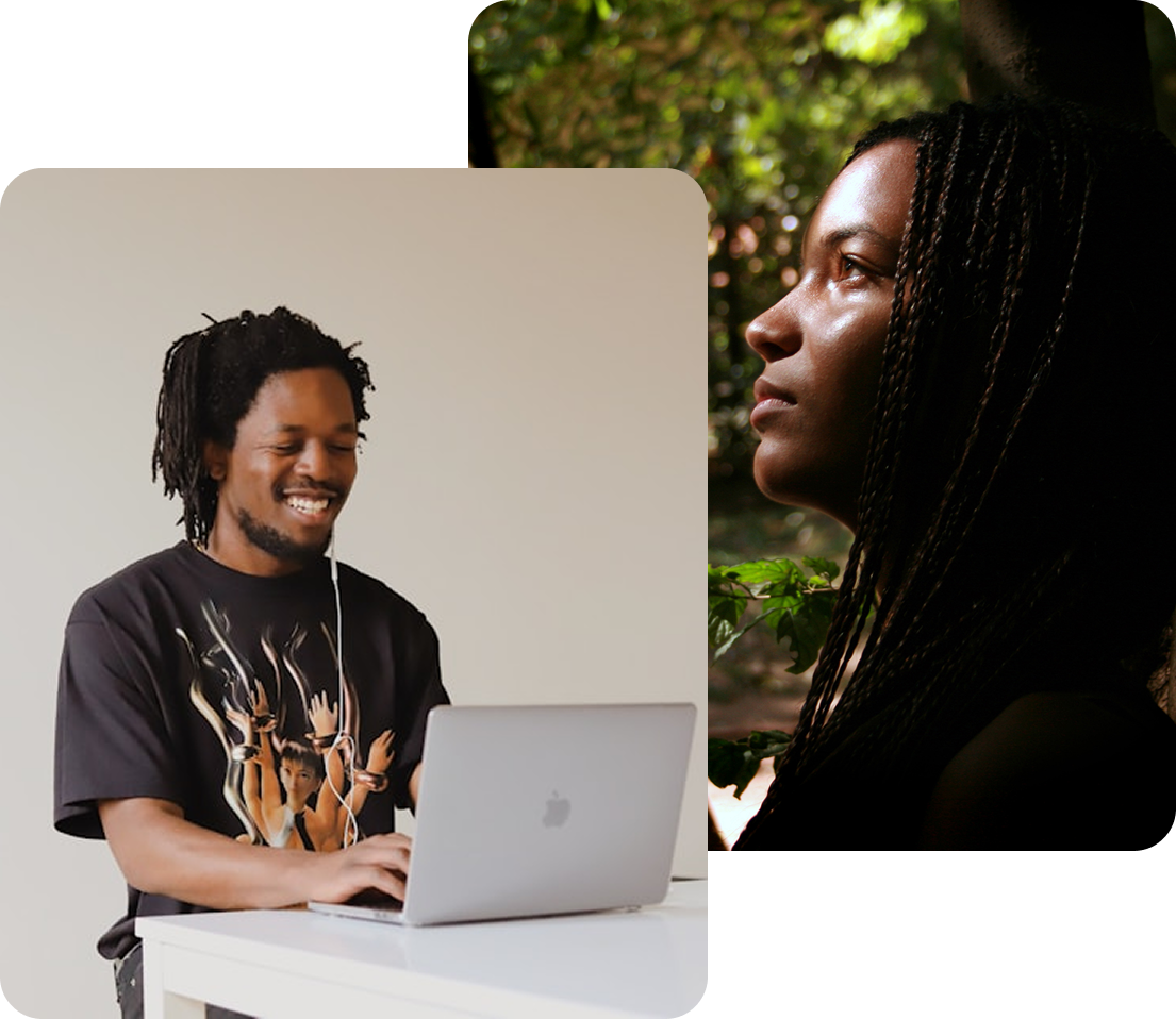 Young man smiling while working on a laptop and a young woman gazing upward through sunlight — symbolizing ambition, reflection, and youth transformation.