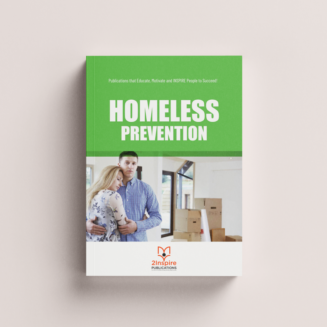 Book cover of Homeless Prevention featuring a concerned couple in a room with moving boxes, under a bold green header.