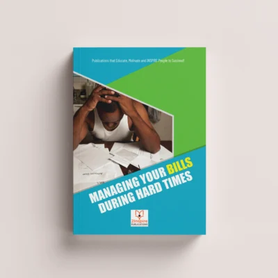 Book cover titled Managing Your Bills During Hard Times featuring a man stressed over unpaid bills on a table, with bold green and blue design.