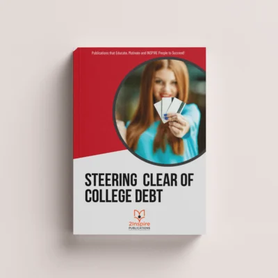 Book cover titled Steering Clear of College Debt showing a smiling young woman holding multiple credit cards.