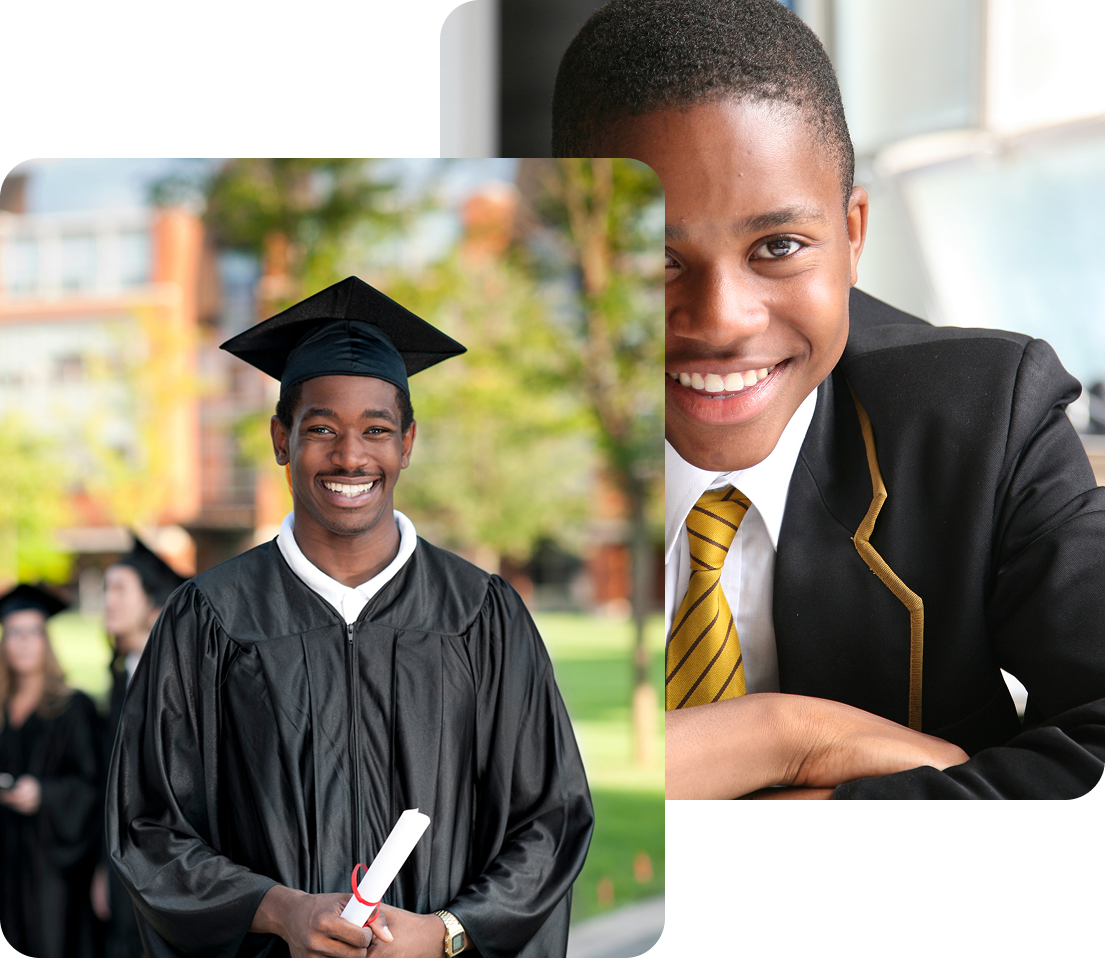 Smiling young graduate in cap and gown and confident student in a school uniform — representing educational growth and youth empowerment.